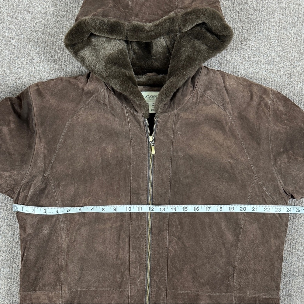 St John’s Bay Brown Washable Suede Leather Zip Jacket Women’s L Hooded Fur Lined - Picture 8 of 8